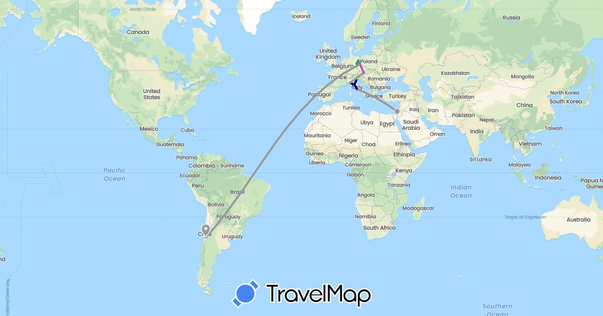 TravelMap itinerary: driving, bus, plane, train in Austria, Chile, Germany, Israel, Italy (Asia, Europe, South America)